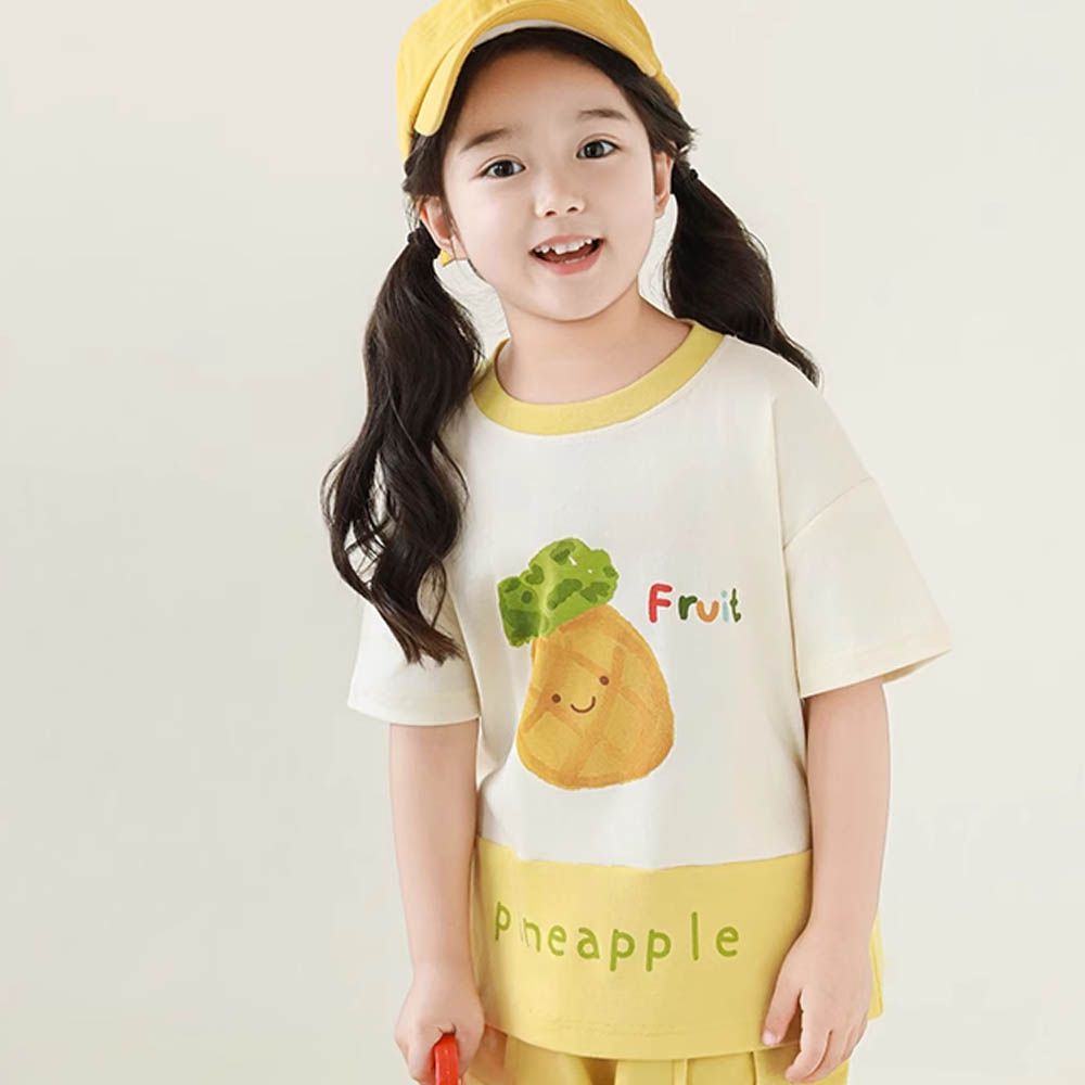 撞色拼接圓領短袖上衣-鳳梨-黃色