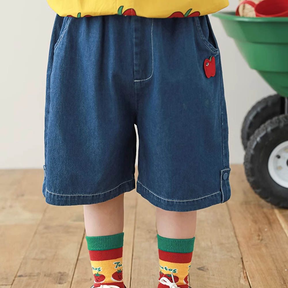 腰鬆緊休閒牛仔短褲-紅椒-藍色