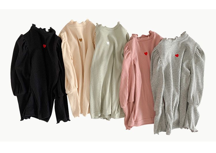 木耳領泡泡袖長袖上衣-小愛心-綠色