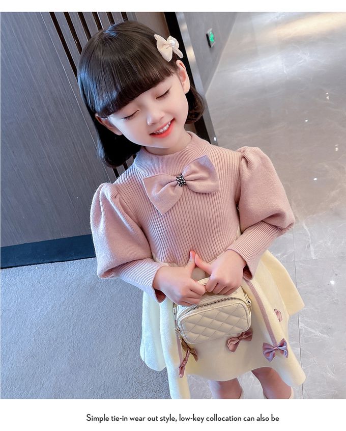 加絨針織半高領連身裙-蝴蝶結-粉+米白