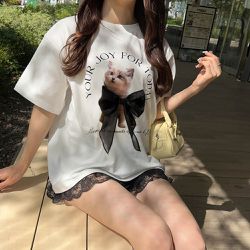 日本 GRL - 薄紗蝴蝶結貓咪印花短袖上衣-白 (F)