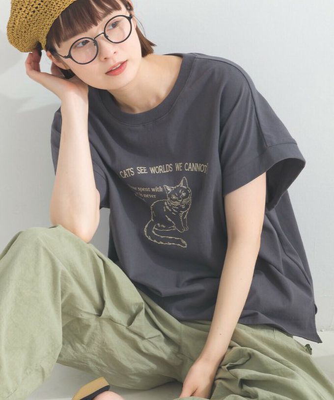 日本 Lupilien - 16OE天竺棉 貓咪印花短袖上衣-炭灰