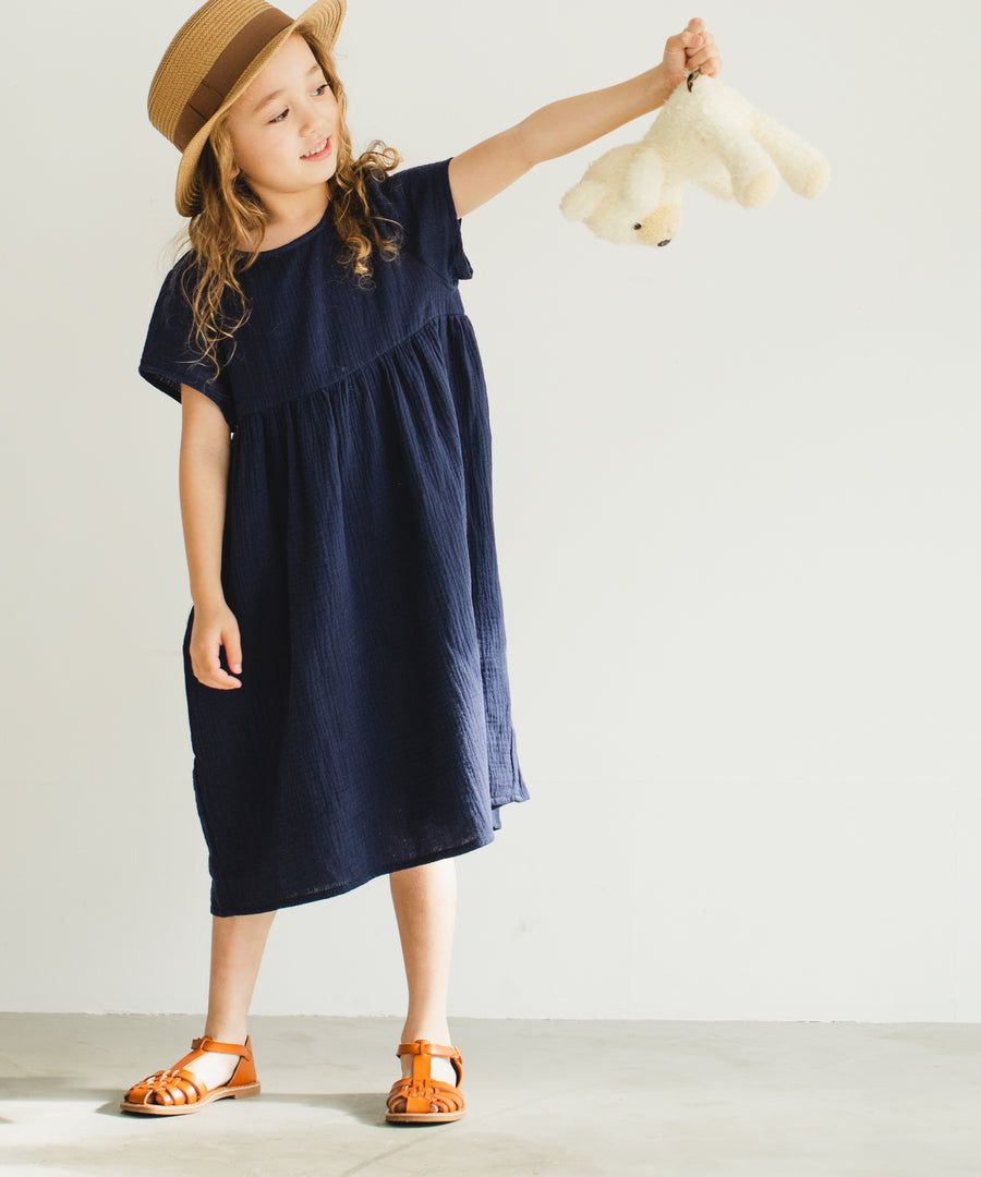 日本 PAIRMANON - 純棉微皺感短袖素色洋裝(孩子)-紅