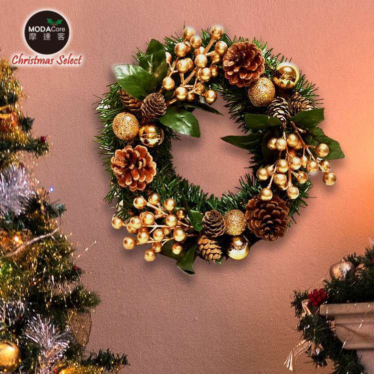 MODACore 摩達客 - 耶誕-台製歐風典雅10吋大地盛宴金球果松果聖誕花圈_福臨圈(免組裝/台灣設計手工藝製) 本島免運費