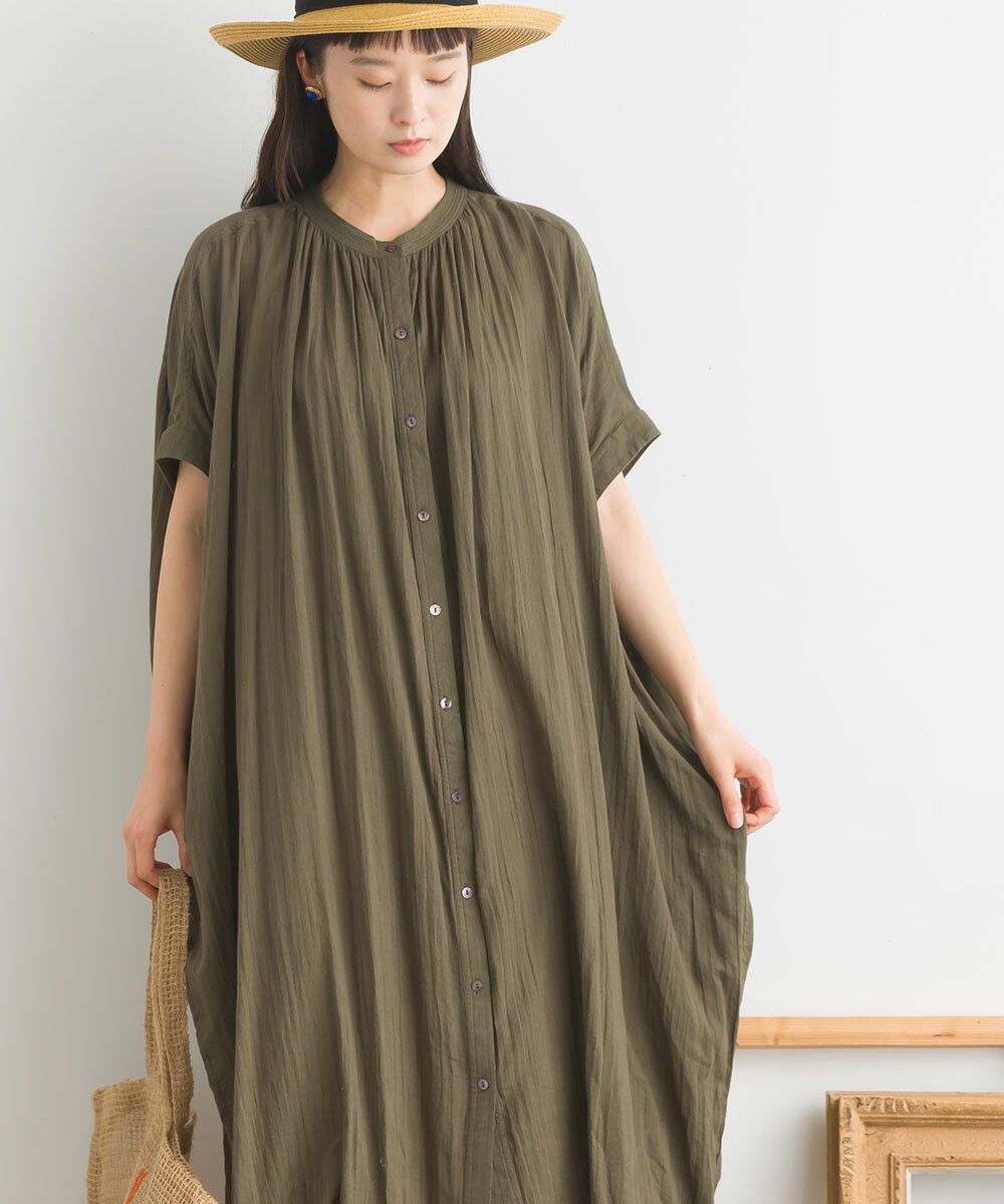 日本女裝代購 - 100%印度棉 文藝感排扣五分袖洋裝-米白