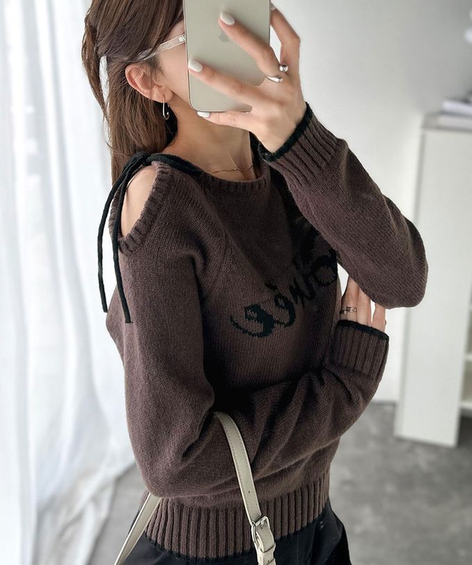 日本 Classical Elf - mily bilet 露肩綁帶唯美文字針織上衣-灰