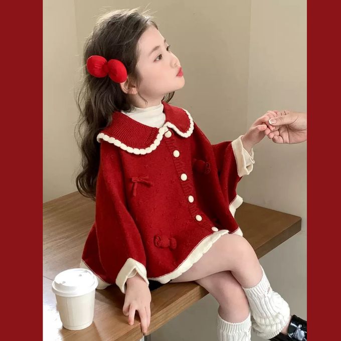 新年拜年娃娃領斗篷式開襟針織毛線外套