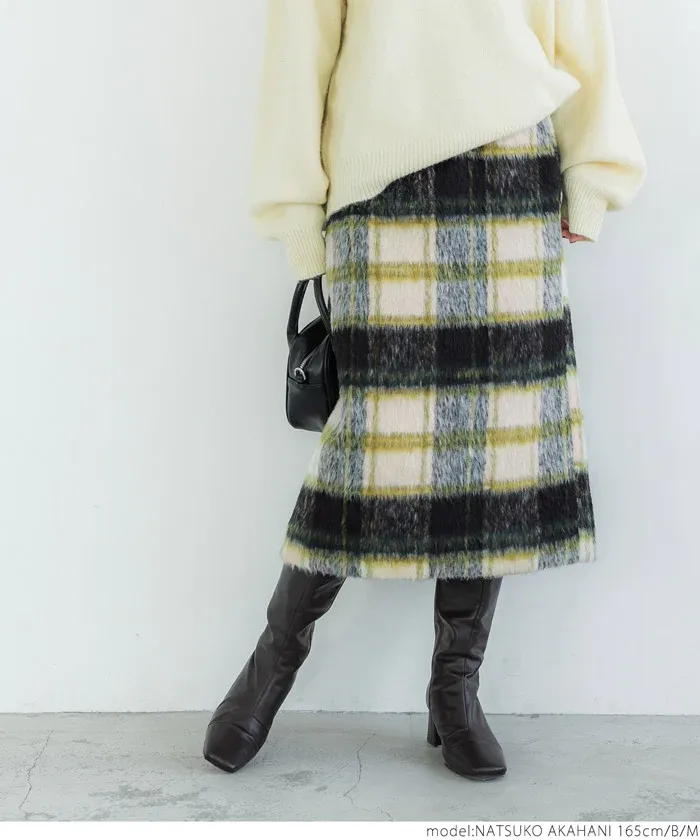 日本 COCA - 慵懶毛呢格紋鬆緊長裙-綠米