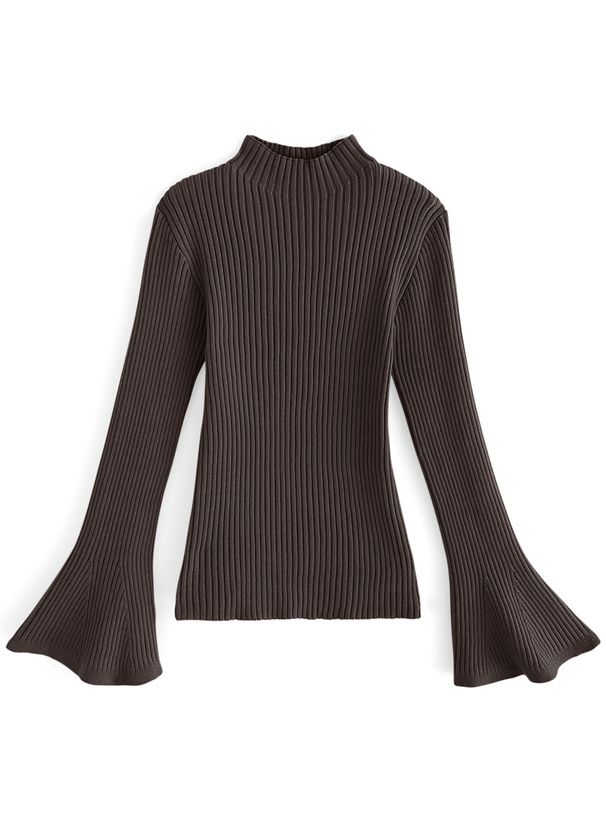 日本 GRL - 微喇叭袖彈性薄針織上衣-奶茶