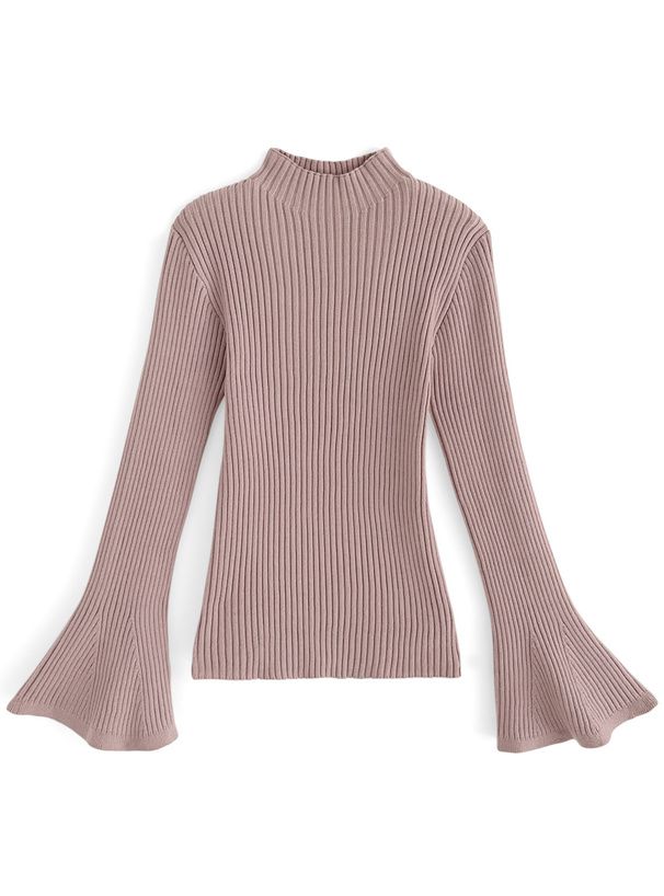 日本 GRL - 微喇叭袖彈性薄針織上衣-奶茶