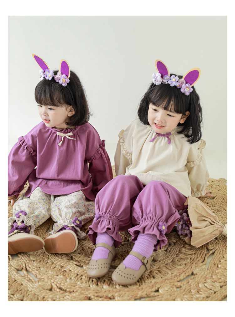 腰鬆緊束口花苞長褲-兔子與花-杏色