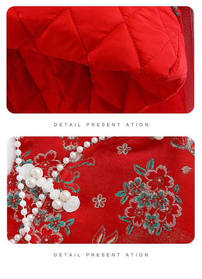 love, charlotte - 拜年旗袍領卡通兔繡花圖騰洋裝-加厚鋪棉-紅色