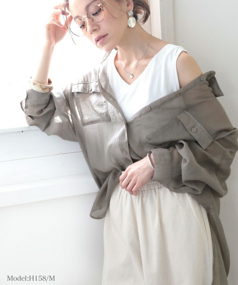 日本 Classical Elf - 空氣感透膚翻領薄襯衫-灰棕