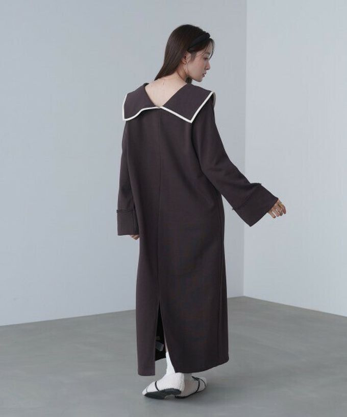 日本 Bab - 滾邊個性大翻領休閒長袖洋裝-象牙