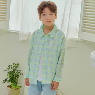 韓國 ERINJ - 清新雙色格紋翻領襯衫/外套-藍