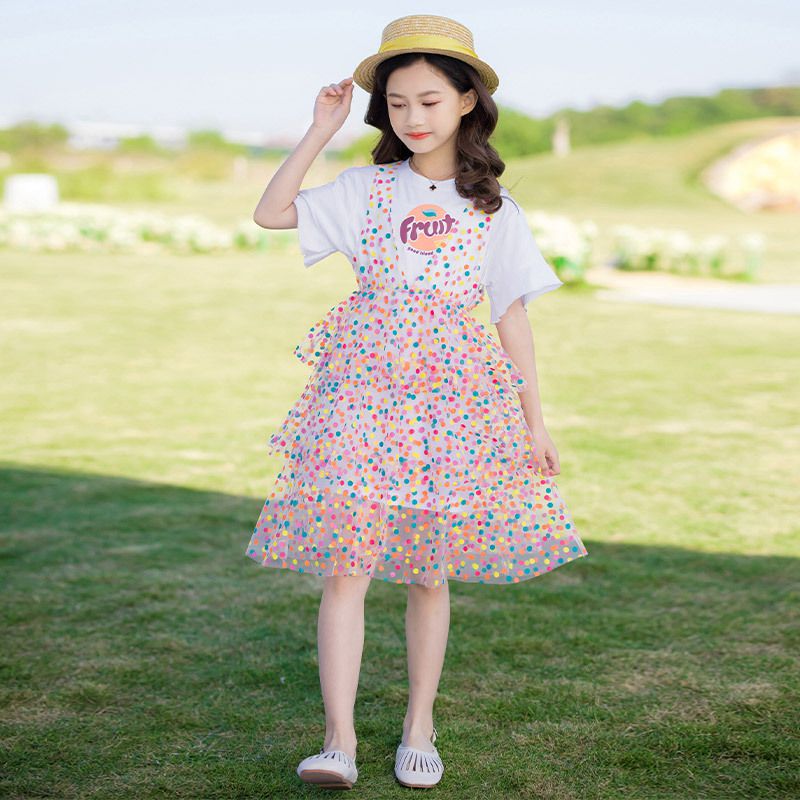 圓領短袖繽紛吊帶網紗蛋糕裙-圓點-白色-上衣+裙子