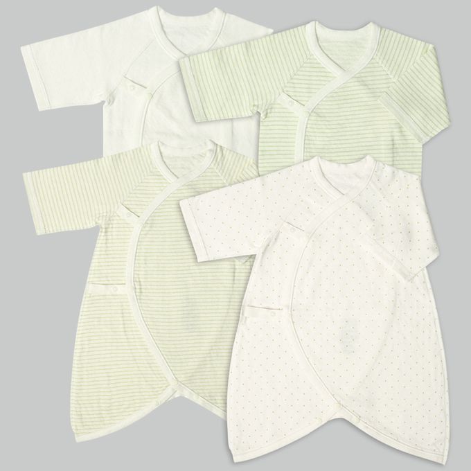 akachan honpo - 長袖新生兒內衣4件組蓬鬆棉質-按扣款-淺綠色 (50~60cm)