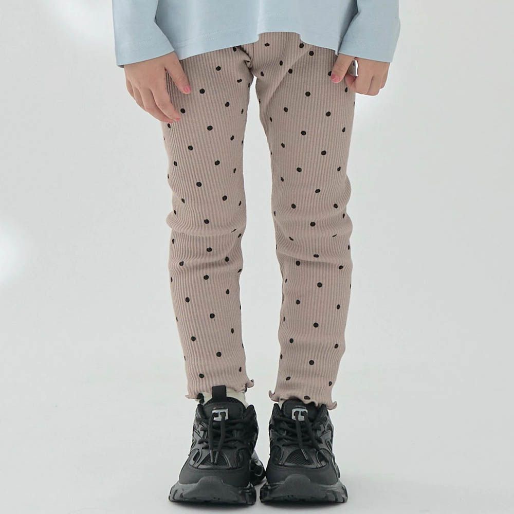 彈力荷葉腰圍羅紋合身長褲-點點-卡其杏