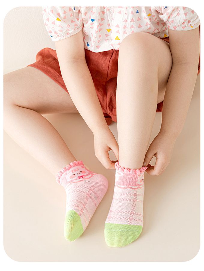 可愛小貓草莓荷葉邊網眼短筒棉襪