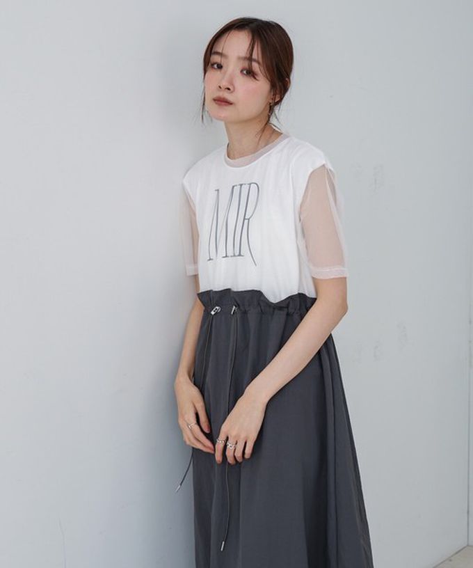 日本 Bab - 拼接層次感抽繩薄紗短袖洋裝-灰x黑