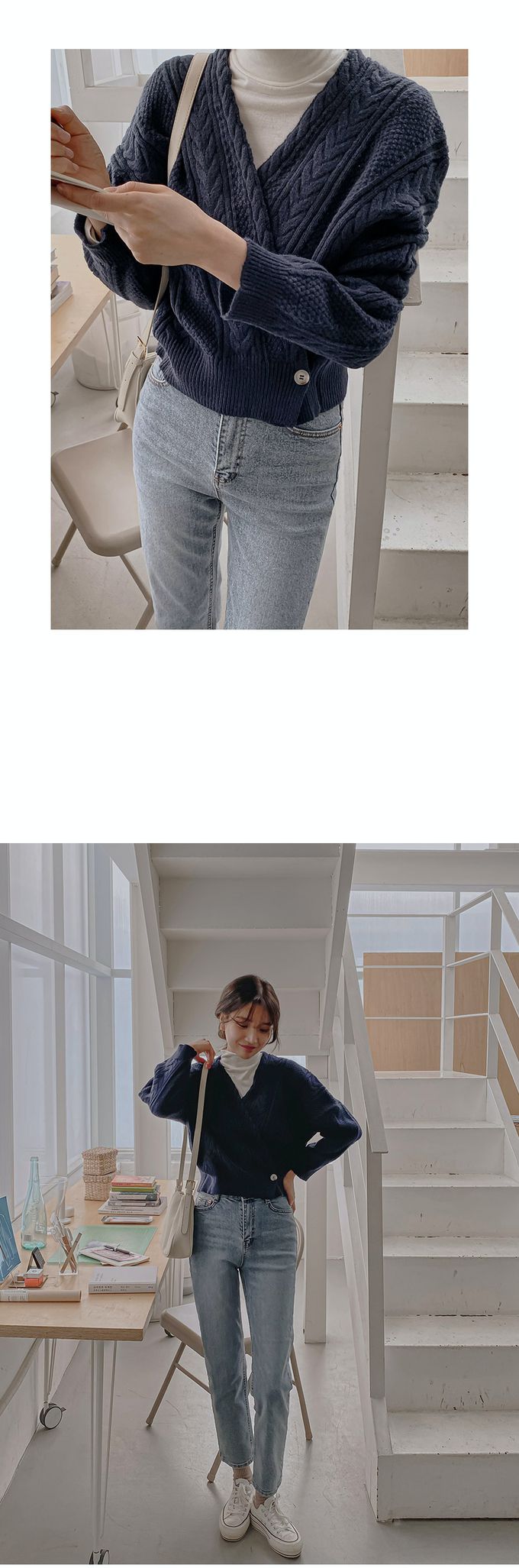 韓國 Urbantheroom - 經典麻花扣圍開襟針織衫-象牙色 (Free)