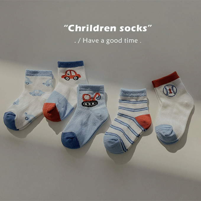 love, charlotte - 童趣小車棒球網眼短筒棉襪-5 雙一組