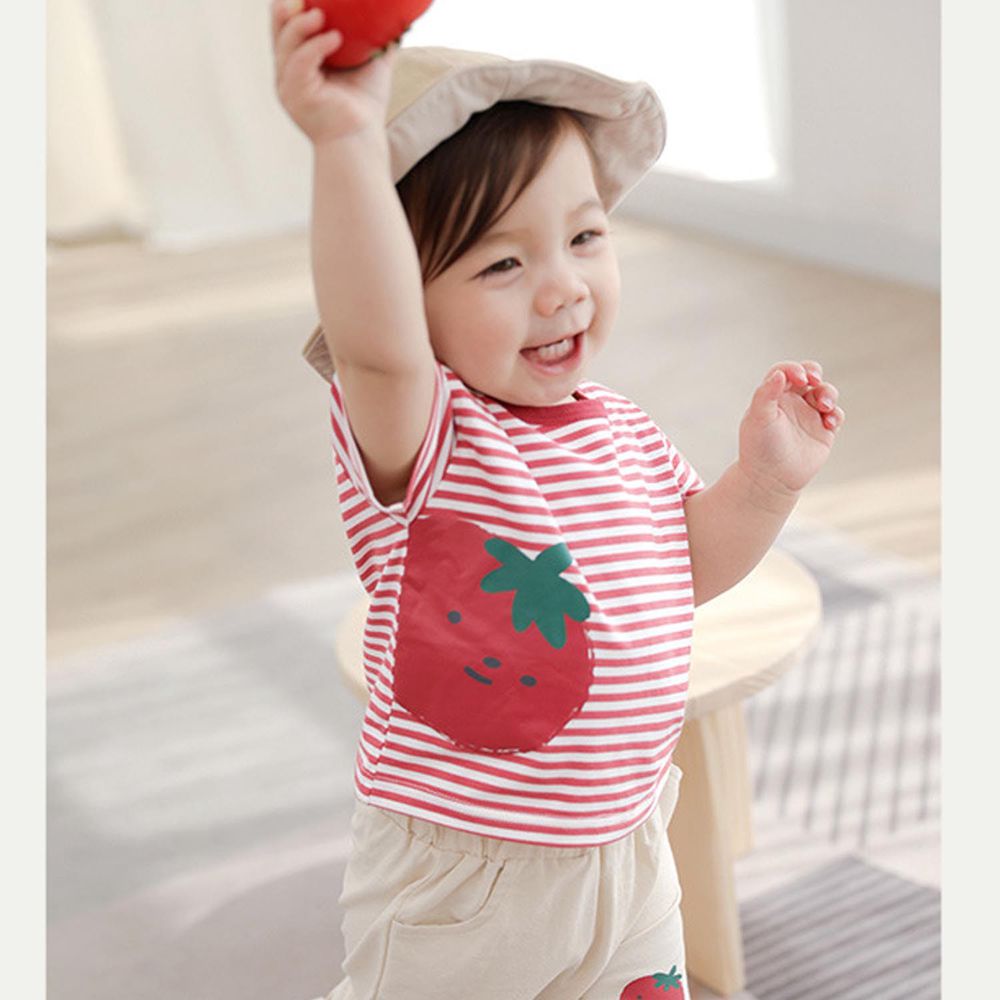條紋短袖上衣-微笑番茄-紅+白