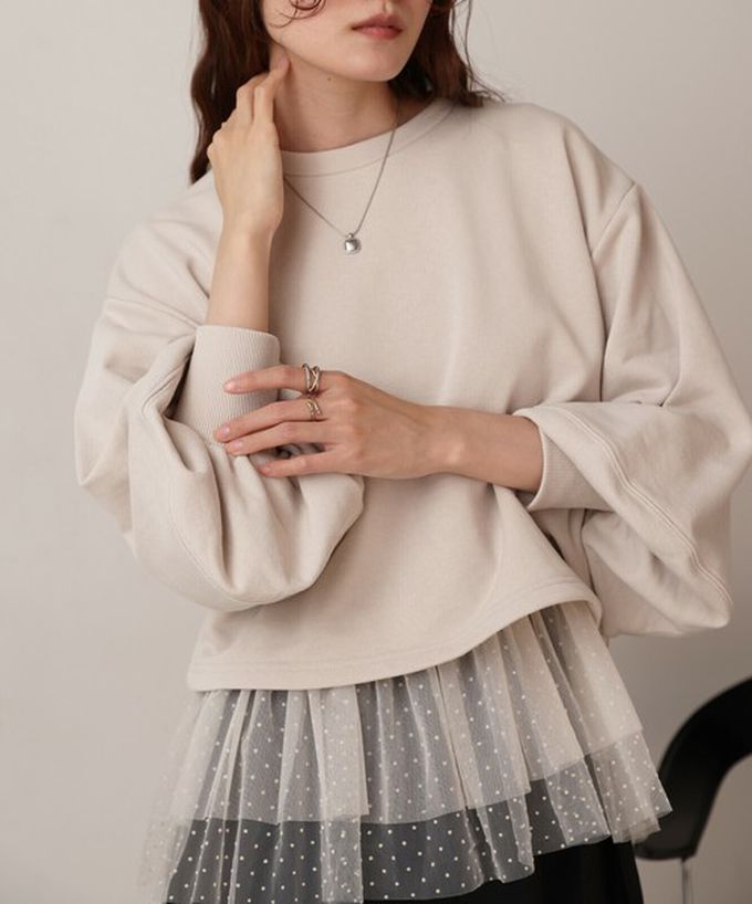 日本 Bab - 浪漫層次吊帶+裏毛上衣(2件組)-圓點薄紗-米白