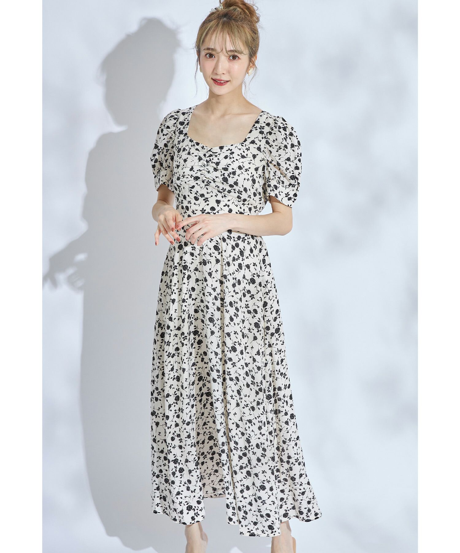 日本 tocco-closet - 愛心領泡泡袖雪紡洋裝-典雅玫瑰-鮭魚粉