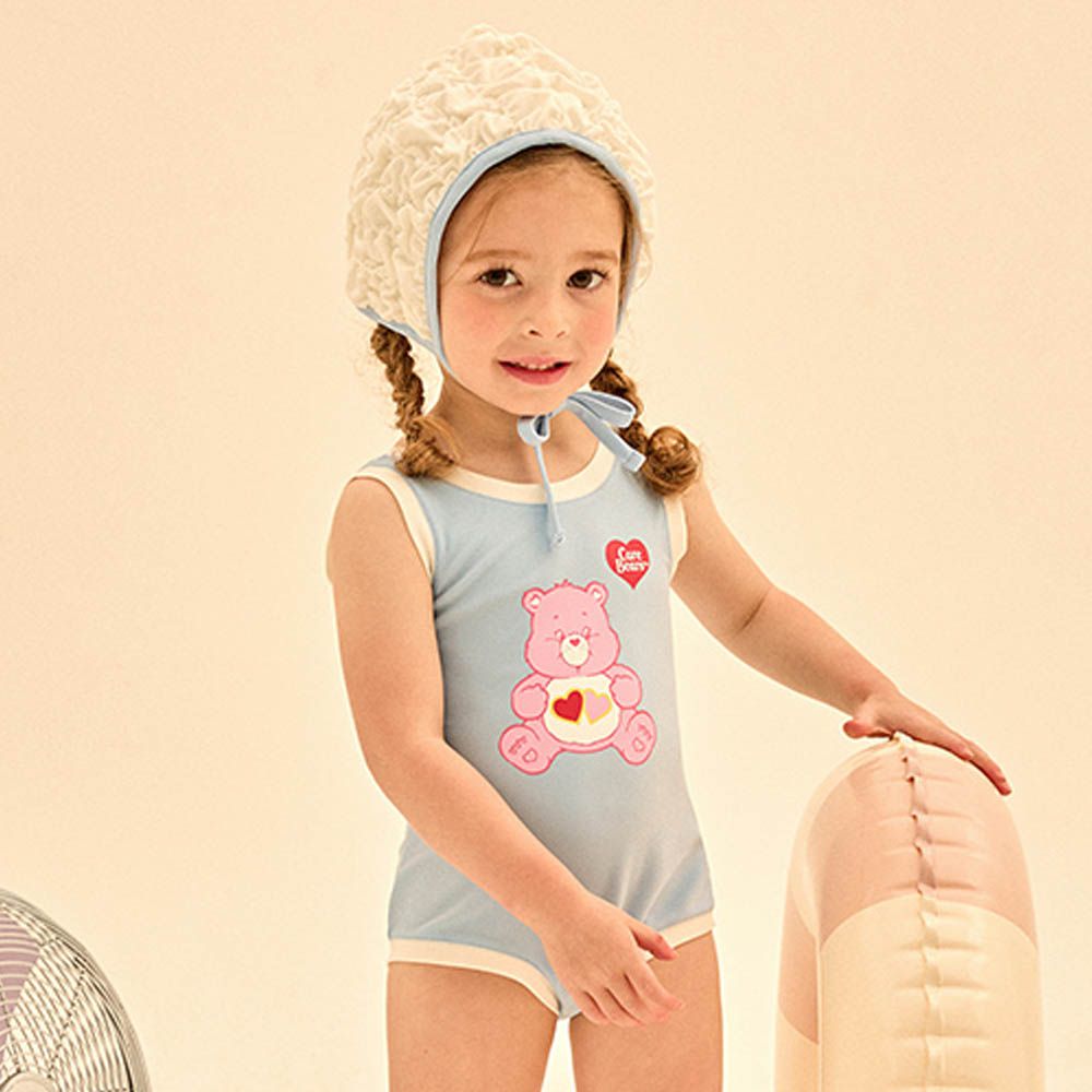 UPF 50+連身背心式泳裝(附造型泳帽)-卡通人物彩虹熊-天藍