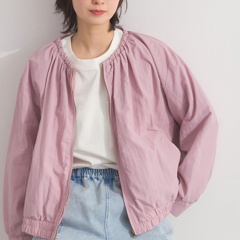 皺褶圓領防潑水霧面尼龍外套-粉紅