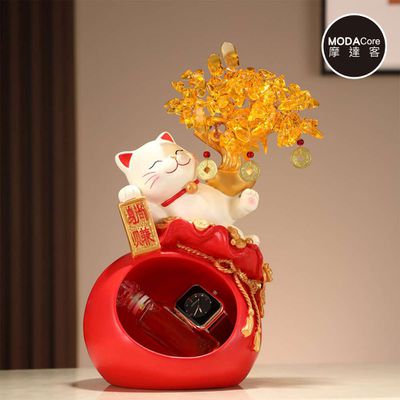 MODACore 摩達客 - ◉開運招財◉紅色躺賺招財貓發財樹鑰匙收納錢洞百寶袋擺飾_客廳玄關臥室好風水好運勢