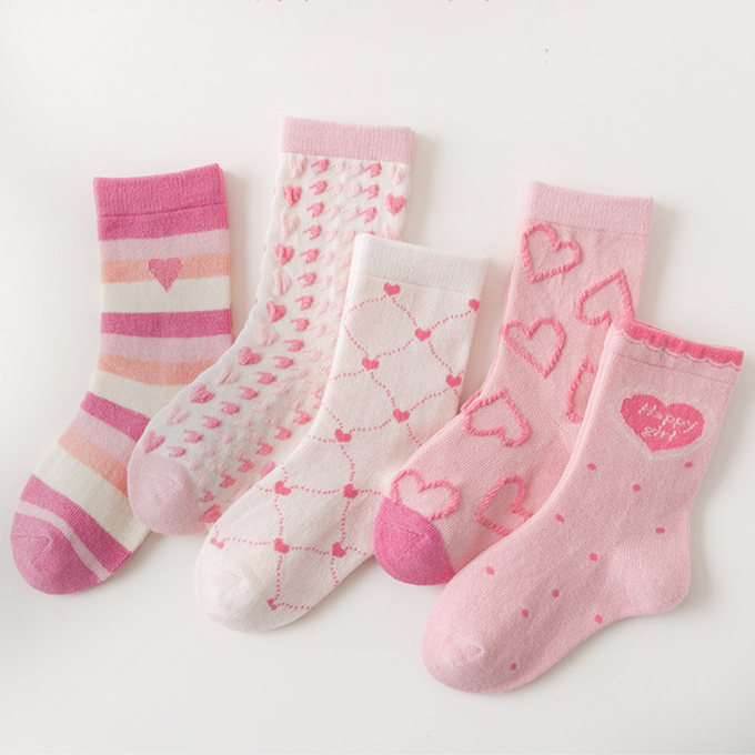 love, charlotte - 粉紅小愛心中筒棉襪-5 雙一組