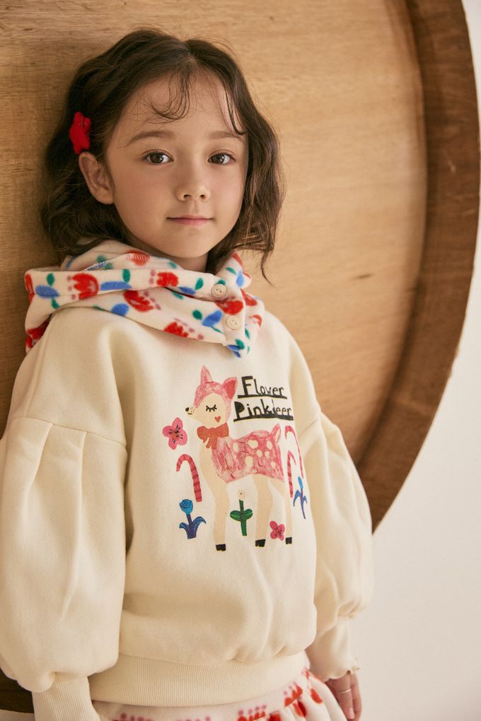 韓國 Mimico - (內磨毛)斑比印澎澎袖大學T-粉