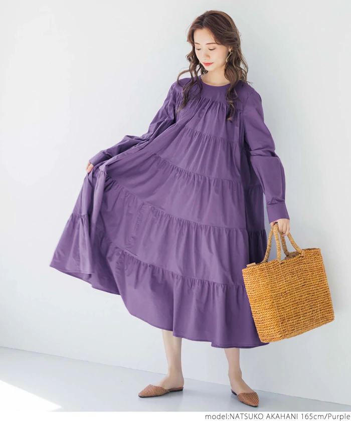 日本 COCA - 純棉氣質超寬鬆A字蛋糕層次長袖洋裝-紫
