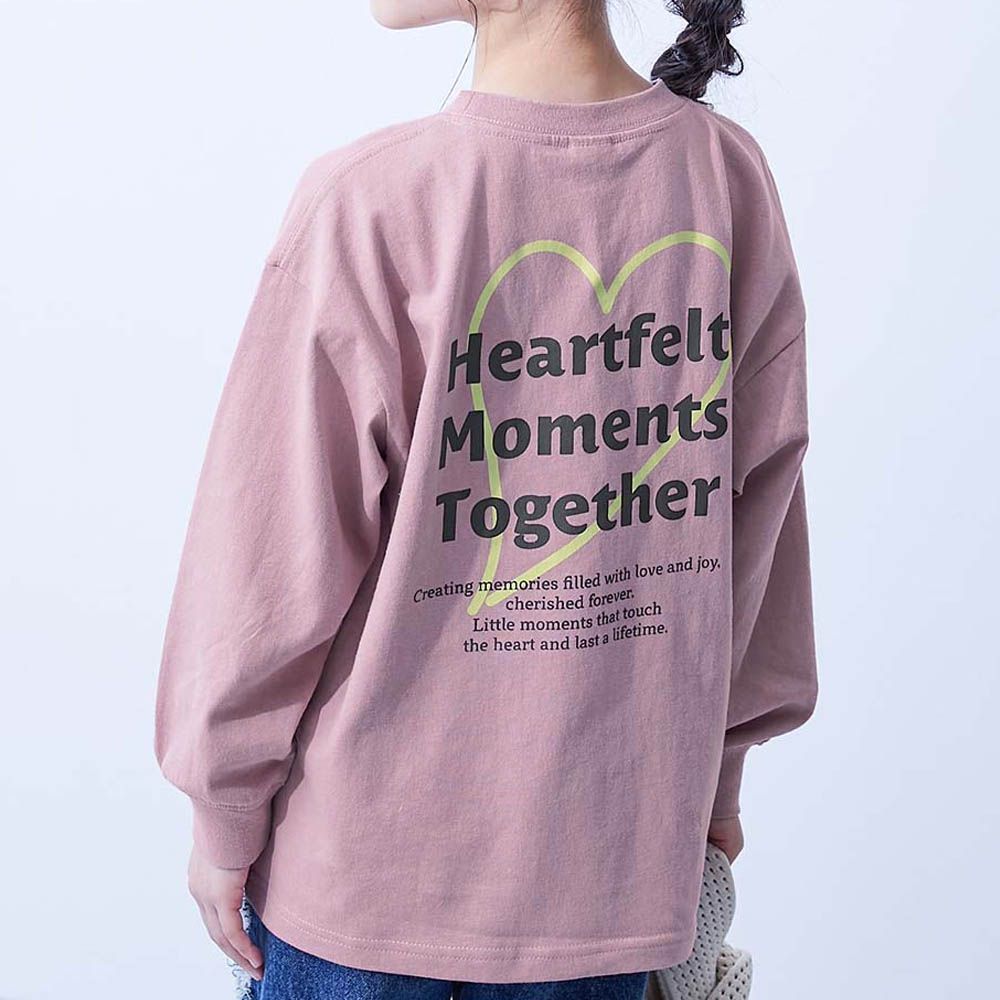 100%棉 定番女孩印花長袖上衣-愛心LOGO-煙燻粉