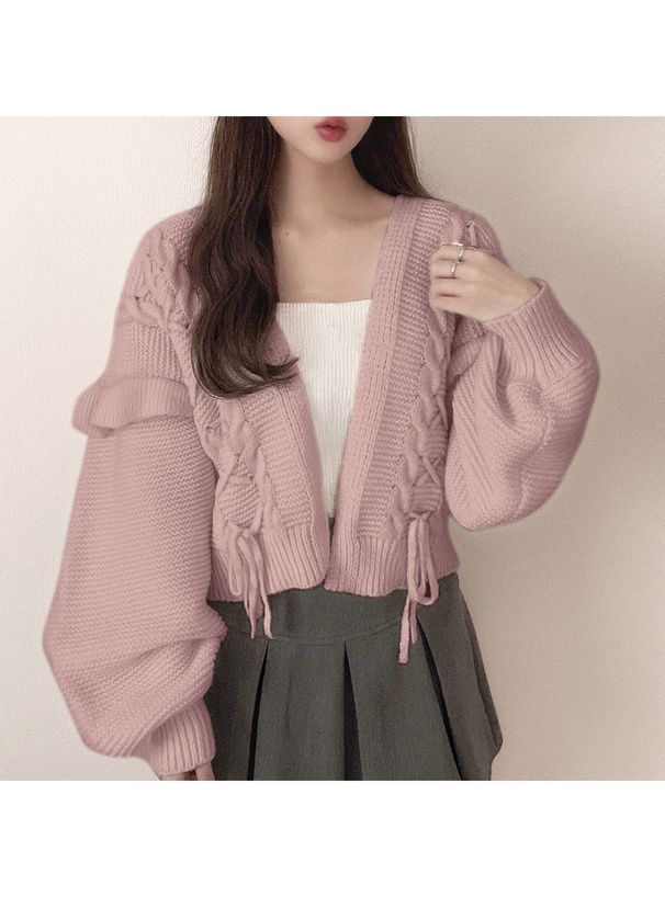 日本 GRL - 甜美交叉綁帶針織外套-黑 (F)