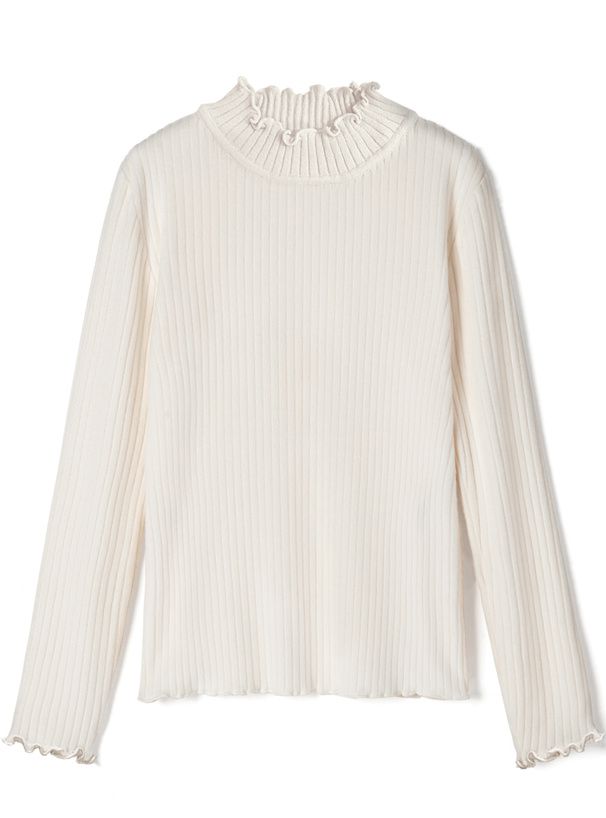 日本 GRL - 百搭木耳領羅紋長袖上衣-白