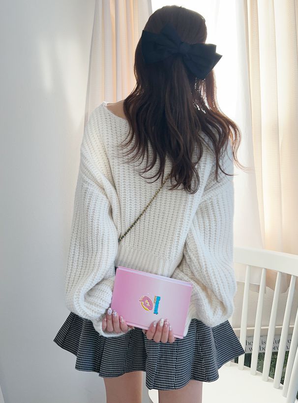 日本 GRL - 聯名款 V領鉤針編輯泡泡袖毛衣-卡其 (F)