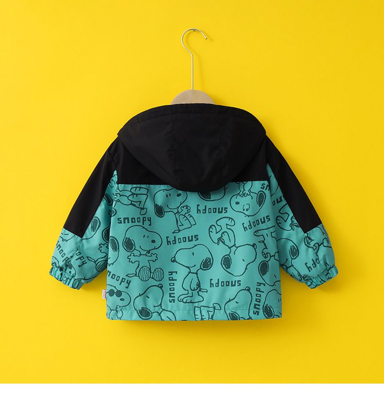卡通人物史努比加絨連帽防風外套/衝鋒外套-滿印SNOOPY-藍綠色