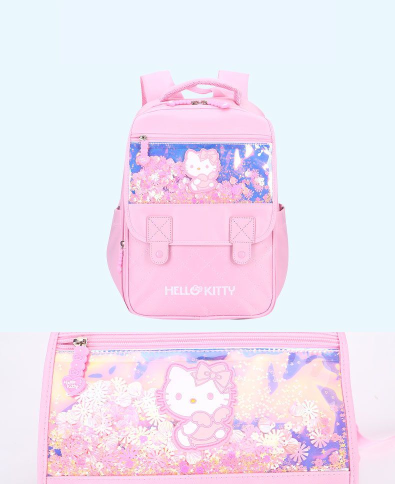 翻蓋式多隔層書包-卡通人物Kitty-紫色 (建議身高110-135cm)