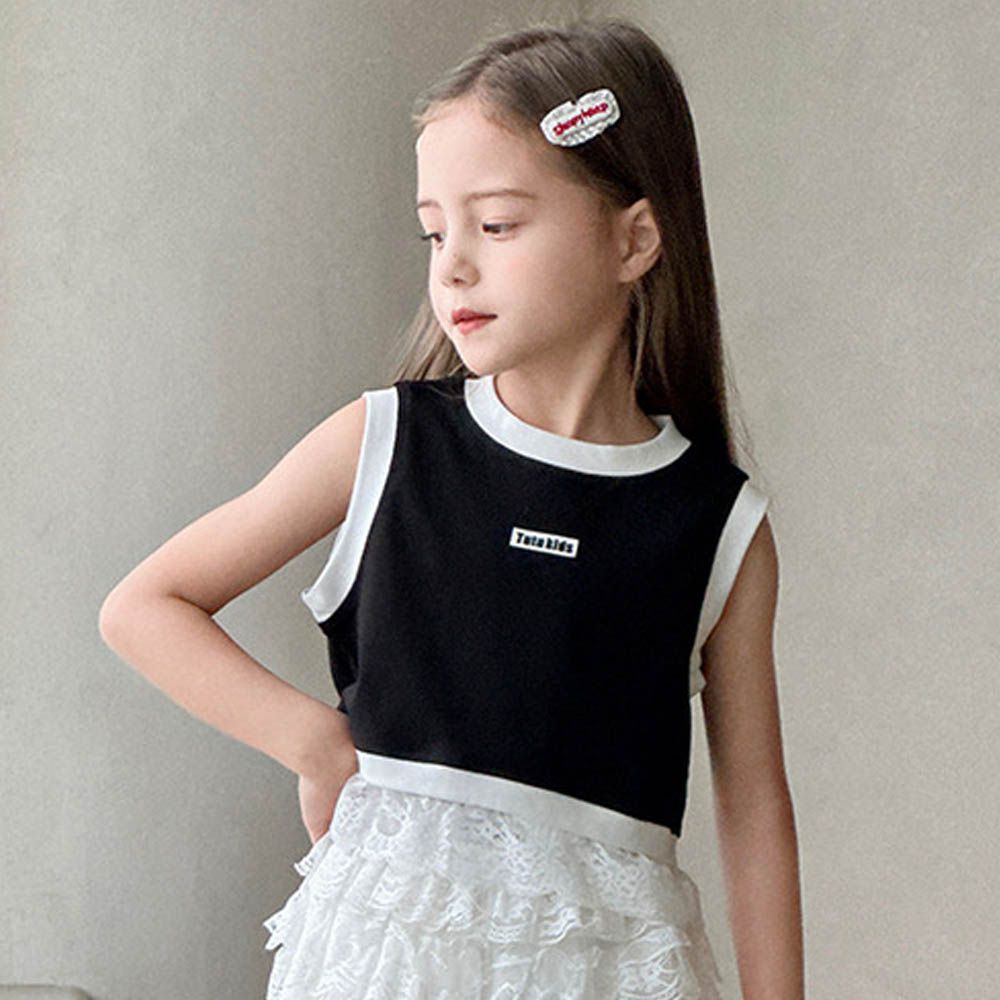 俏皮甜心撞色背心-蕾絲拼接-黑色