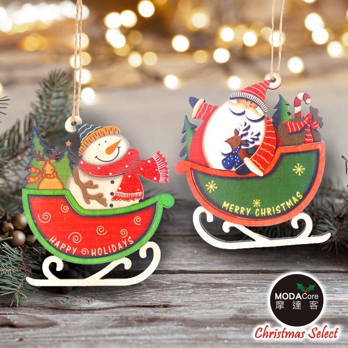 MODACore 摩達客 - 摩達客耶誕-可愛雪橇木質彩繪(單面)吊飾-聖誕老公公+雪人(一組2入)