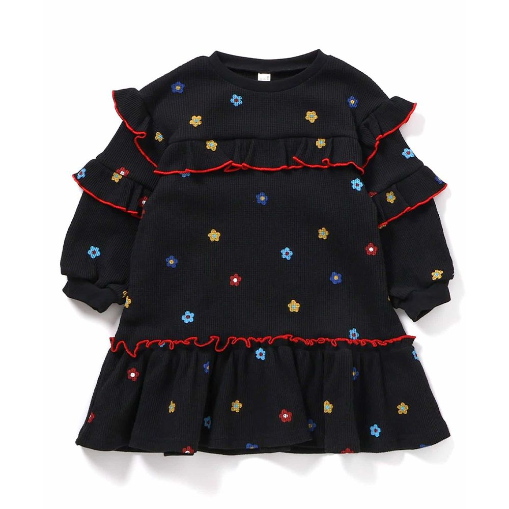 甜美荷葉分層華夫格長袖洋裝-小花-黑