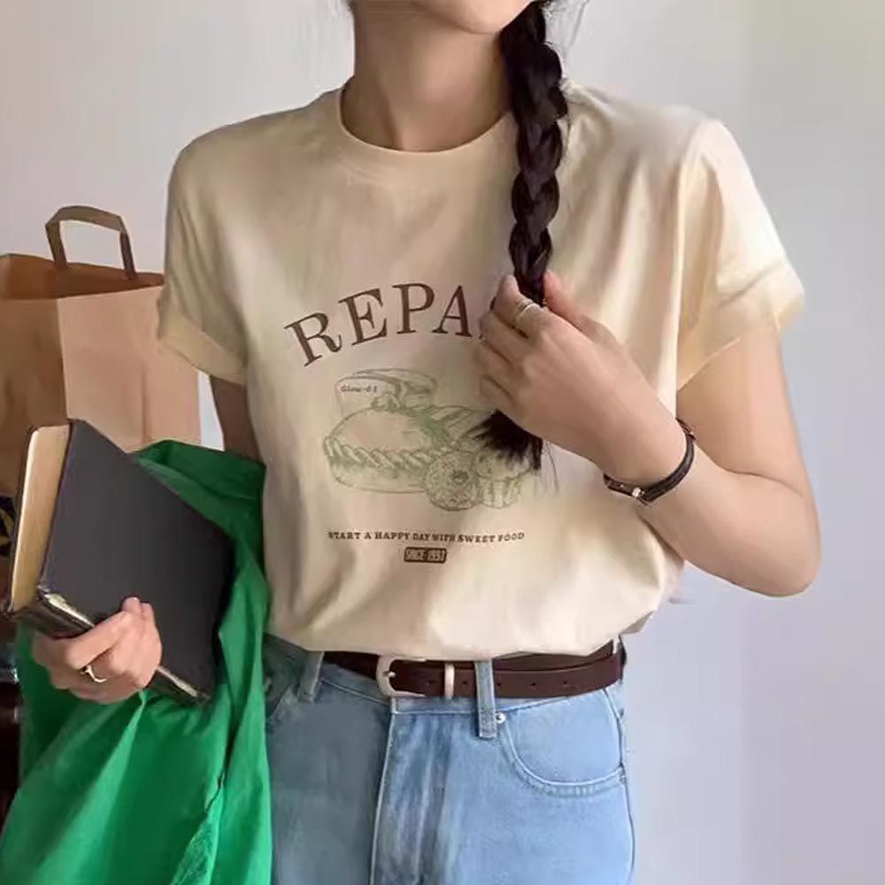 簡約百搭短袖上衣/T恤-美味點心-杏黃色 (F)