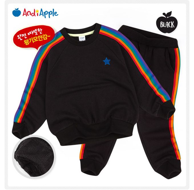 韓國 AndiApple - 彩虹色線點綴內刷毛長袖套裝-黑