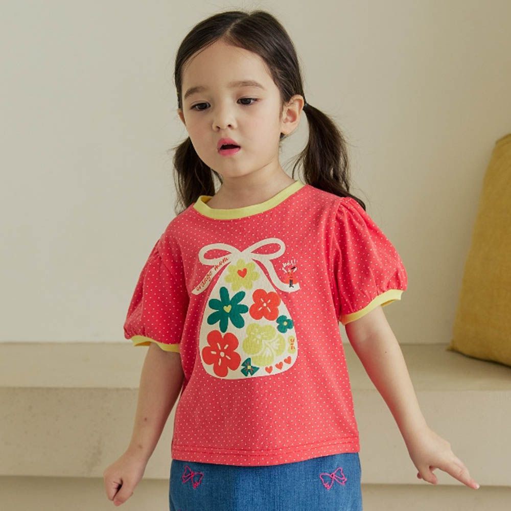 花花福袋點點泡泡袖上衣-紅