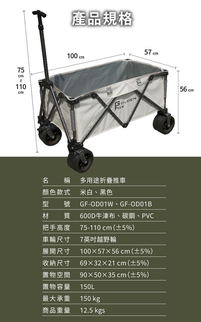 Golden Fox - 多用途折疊推車 GF-OD01 兩色(露營拖車/越野款四輪手拉車/寵物拖車)-黑色