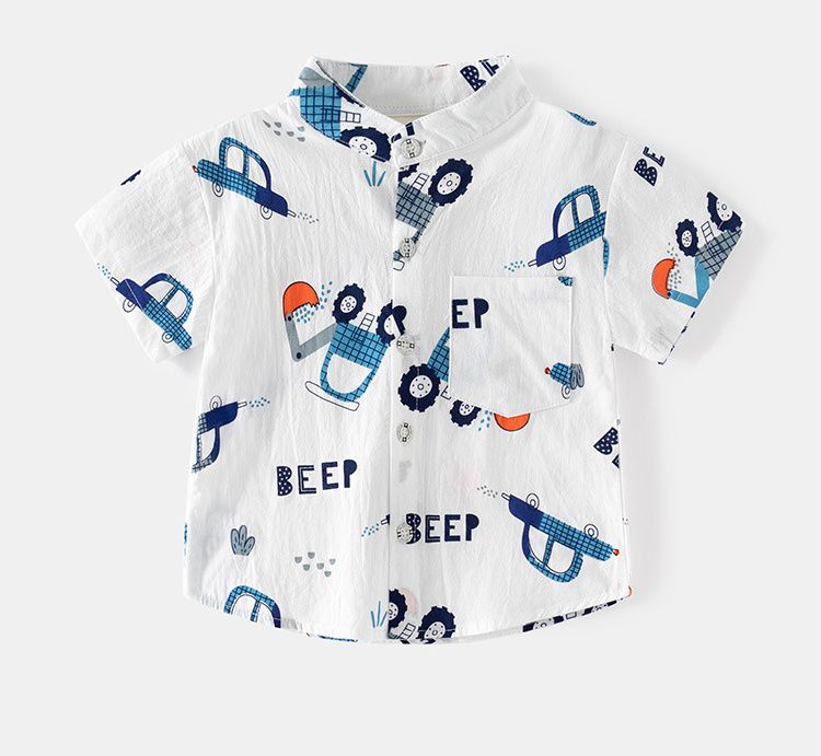 WELLKIDS - 純棉休閒翻領短袖襯衫-挖掘車車-藍色