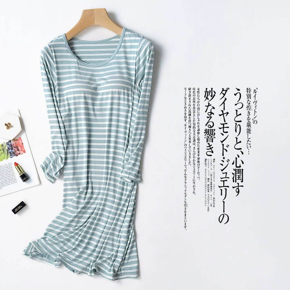 莫代爾柔軟長袖Bra T睡裙-綠白條紋